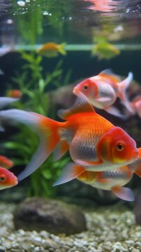 3D animation of an exotic redhead Oranda goldfish swimming gracefully in a brightly lit aqua
