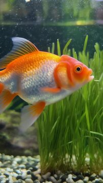 3D animation of an exotic redhead Oranda goldfish swimming gracefully in a brightly lit aqua