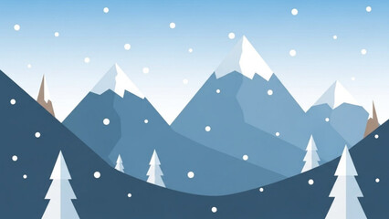 Naklejka premium Serene snowy mountain landscape with trees and snowflakes in soft blue hues