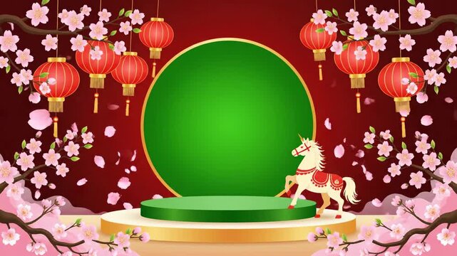 Vibrant vector illustration of the fire horse zodiac standing on a celebratory red stage, framed by traditional lanterns and pink blossoms, with a central green screen circle.