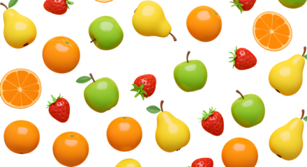 Vibrant fruit assortment with apples, pears, oranges, and strawberries on black background