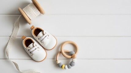 White baby shoes, wooden rattle, and ribbon spool on white background