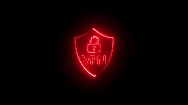 Glowing neon vpn shield with lock icon appears on black background. Concept of secure remote connection and online privacy.