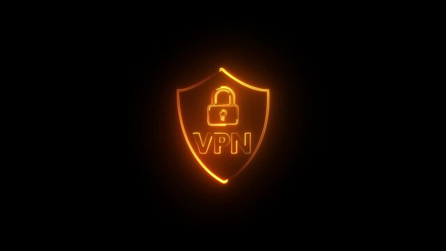 Glowing neon vpn shield with lock icon appears on black background. Concept of secure remote connection and online privacy.