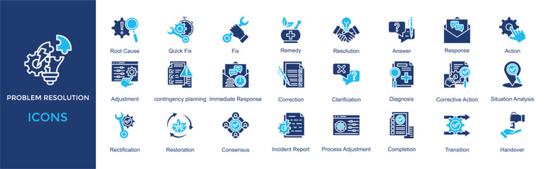Problem Resolution icon collection set. Containing  Root Cause, Quick Fix, Fix, Remedy, Resolution