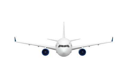 Front view of a white commercial airplane with blue engine details and wingtips