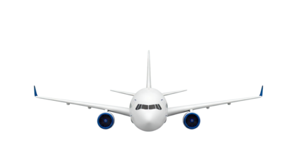 Front view of a white commercial airplane with blue engine details and wingtips