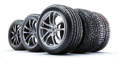 Four wheels lined up, showing different tire treads, against a white backdrop