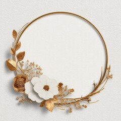 Floral frame golden circle, white and gold flowers on textured background
