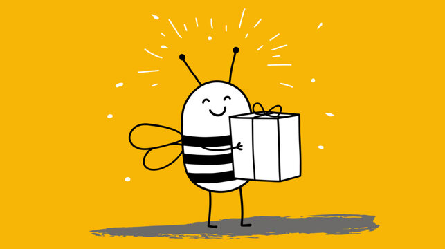 Happy cartoon bee character holding a gift box with a smile and sparkles on a vibrant yellow background, doodle illustration for celebration.