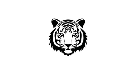 Powerful black and white tiger head illustration. Majestic wild cat face with fierce gaze. Vector graphic representing strength and nature.