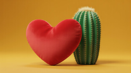 A playful composition featuring a red heart cushion and a green cactus