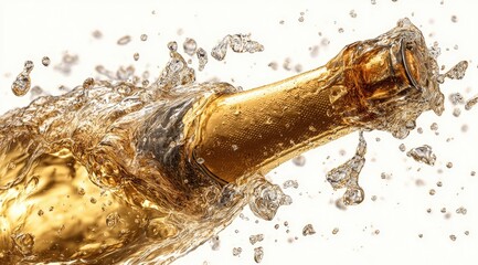 Golden bottle bursting with liquid and splashes against a white backdrop