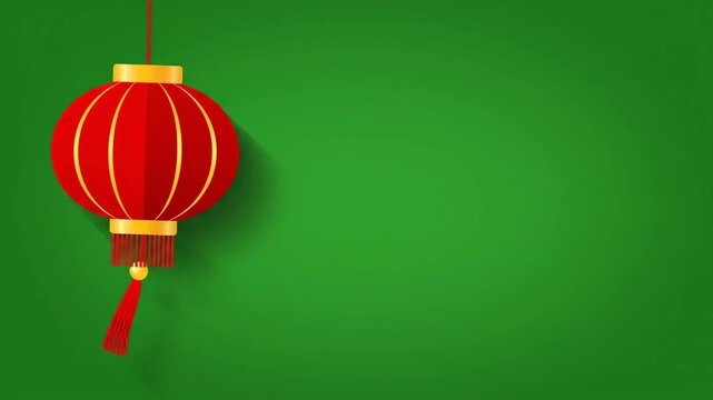 A digitally illustrated red chinese lantern hangs against a bright green screen, perfect for celebrating the 2026 year of the fire horse.