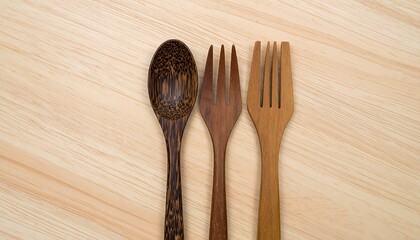 Overhead shot of a wooden spoon flanked by two wooden forks, all arranged vertically on a light-brown wooden surface
