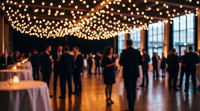 Elegant evening networking event in spacious venue with warm string lights, blurred guests socializing and soft candlelit tables creating cozy festive atmosphere