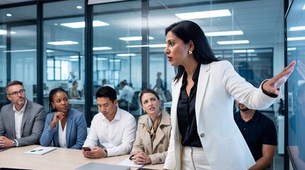 Confident businesswoman giving presentation to diverse team in modern glass office, colleagues listening attentively as she gestures toward screen with focused expression