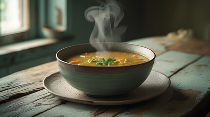 Steaming bowl of homemade soup on rustic wooden table by window