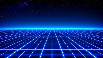 A digital landscape presents a glowing neon grid extending to the horizon, under a starry sky. Futuristic, abstract, and glowing