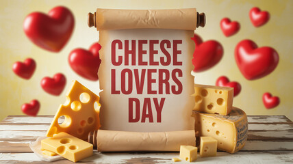Cheese lovers day celebration with hearts and various cheese blocks