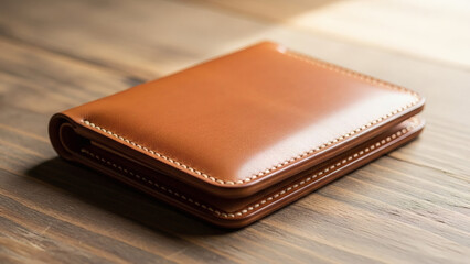 Elegant brown leather wallet resting on a rustic wooden surface, highlighting quality craftsmanship and timeless style, perfect for everyday essentials and financial organization