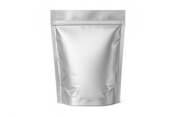 Silver stand up doypack pouch, blank flexible packaging mockup, metallic food container with zipper, transparent background