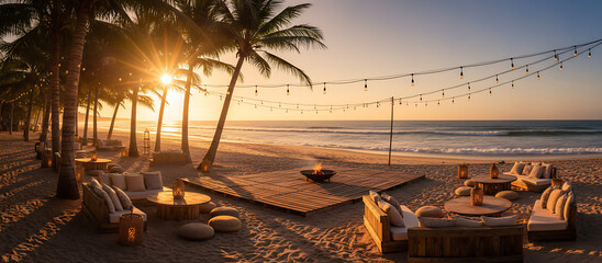 Tropical beach sunset with palm trees, comfortable lounge seating, and ambient string lights