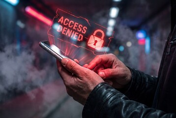 Male hands holding smartphone with red holographic access denied warning in dark urban street at night