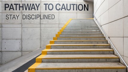 Staircase with caution message promoting discipline on concrete background with vibrant yellow accents and modern design