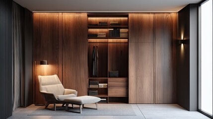 Fototapeta premium Modern Minimalist Interior Design with Wooden Furniture and Ambient Lighting in Stylish Living Space