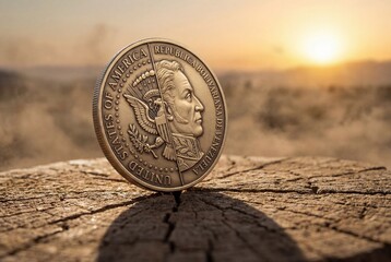 Conceptual coin merging US dollar and venezuelan bolivar standing on edge at sunset