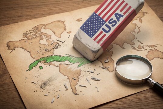 Eraser with USA flag removing cuba from vintage map representing sanctions and political tension