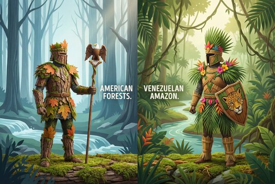 Two botanical knights representing american temperate forest and venezuelan amazon rainforest biomes