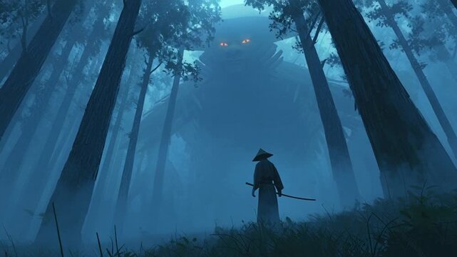 samurai standing in misty forest facing giant monster