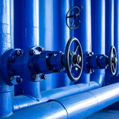 Blue pipes with handwheel valves in an industrial setting, shallow depth of field, clean and modern appearance