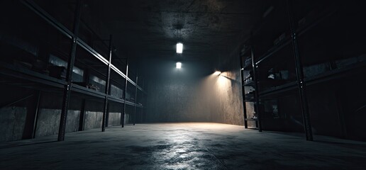 Dark, concrete storage room with metal shelving and glowing lights