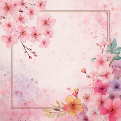 Floral watercolor square border of blossoms on a textured pink background