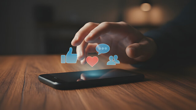 Hand interacting with social media icons on smartphone screen - Powered by Adobe