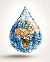 Earth texture captured inside translucent water droplet against a bright background