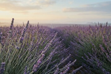 Obraz premium Blooming purple lavender flowers in a vast rural field under soft golden misty morning sunrise light