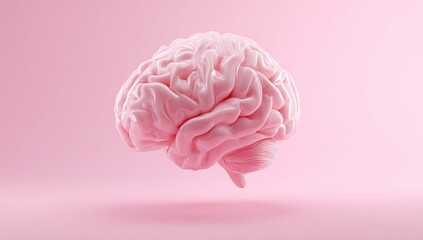 Pink human brain floats gently against matching soft pink background
