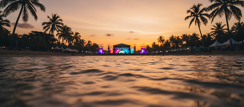Spectacular sunset beach concert with illuminated stage and tropical palm silhouettes, creating a memorable evening atmosphere from the water's edge - Powered by Adobe