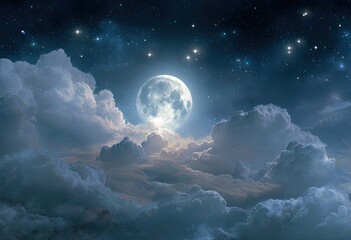 Full moon shines brightly through dramatic, textured clouds at night