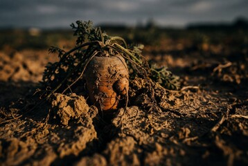 Fototapeta premium Gnarled organic carrot embedded in dry cracked earth with wilted green tops during golden hour