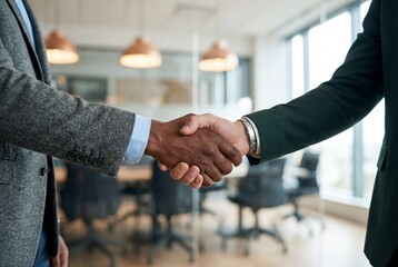 Diverse business partners shaking hands in agreement during a corporate meeting in an office
