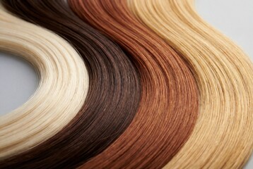 Curved strands of shiny human hair in various shades of blonde brown and auburn flowing smoothly
