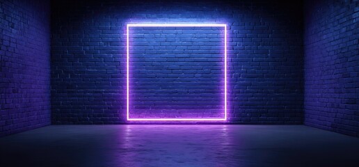 Square neon light on brick wall illuminates a dark, empty room