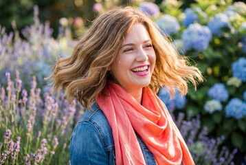 Cheerful young woman with wavy honey blonde hair shaking her head in a blooming garden with lavender