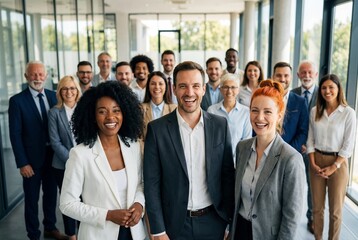 Obraz premium Large diverse group of happy professional employees standing together in a modern corporate office