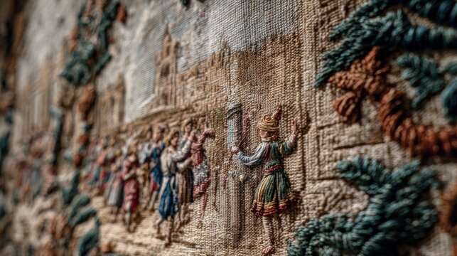 Medieval tapestry depicting procession and architecture